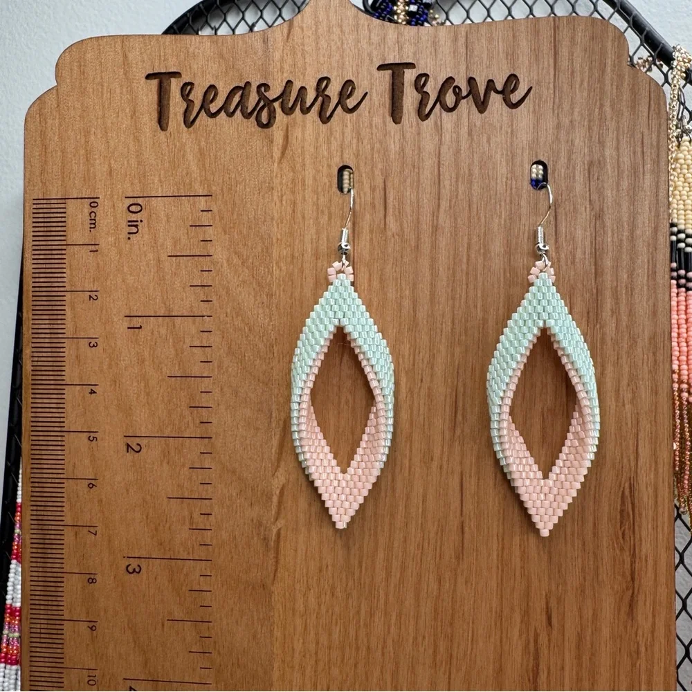 Pink and Mint Folded Leaf, Petal Seed Bead Earrings Handmade Elegant‎ Jewelry